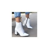 Miss Park Moda Afilli Kadın Beyaz Kalın Topuklu Yarım Postal Bot Sivri Burun Fermuarlı Bağcıklı Şık Bootie