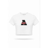 Miss Poem Kadın Beyaz A League Baskılı Kısa Crop T-Shirt, Bisiklet Yaka, L Beden