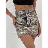 Miss Poem Kadın Önü Leopar Desenli Denim Mavi Kot Etek - 42