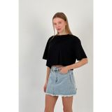 Miss Poem Kadın Oversize Basic Kısa Kollu Siyah Crop Tişört, XL