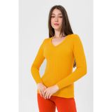 Miss Poem Kadın V Yaka Slim Fit Fitilli Uzun Kol Sarı Triko Kazak, M/L