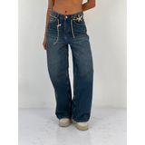Miss Poem Kadın Zincir ve Yıldız Detaylı Bol Paça Jean Pantolon - Koyu Tint - Regular Fit - 36