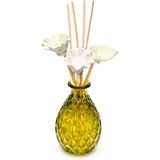 Missi 200 ml Yeşil Kabartmalı Cam Şişe Çiçek Seramik Taş Bambu Çubuklu Dark Amber Oda Kokusu