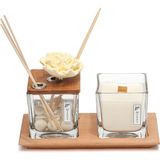 Missi Masif Ahşap Tepsili 250 ml Dekorlu Ahşap Kapaklı Amber Çiçeği Oda Kokusu ve Vegan Mum