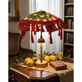 Missidea Limona Red Bohem Ledli Bali Şemsiyesi Dekoratif Masa Lambası Pilli 30x40 cm Kırmızı Püskül Detaylı Limon Desenli