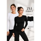 MissKATRE Kadın Uzun Kollu Bisiklet Yaka 2'li Paket Basic Body Siyah Beyaz Slim Fit Likralı Esnek Viskon Bluz