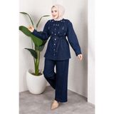 MİSSKAYLE Taş Detaylı Kuşaklı Denim Tesettür Takım Koyu Mavi
