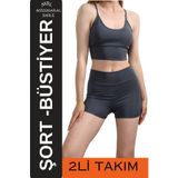 missmaral Kadın Antrasit Yüksek Bel Mini Şort Boxer & Pedli İp Askılı Büstiyer Spor Takım 3080