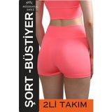 missmaral Kadın Neon Pembe Yüksek Bel Mini Şort Boxer & Pedli İp Askılı Büstiyer Spor Takım 3080