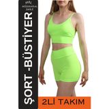 missmaral Kadın Neon Yeşil Yüksek Bel Mini Şort Boxer & Pedli İp Askılı Büstiyer Spor Takım 3080