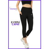 missmaral Kadın Siyah Yüksek Bel Toparlayıcı Çift Cepli Diz Altı Kapri Tayt Capri Slim Fit 1054