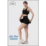 missmaral Kadın Spor Takım Siyah Şort Etek ve Ped Destekli Crop Bra Takım Tenis Deniz Havuz Active Sports