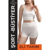 missmaral Kadın Yüksek Bel Ekru Mini Şort Boxer & Pedli İp Askılı Büstiyer Spor Takım 3080