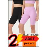 missmaral Kadın Yüksek Bel Toparlayıcı Kısa Siyah & Lila Şort Tayt 2'li Paket Lycralı Biker Shorts 21070