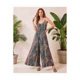Missrelda Moda Kadın İp Askılı V Yaka Şal Desenli Oversize Geniş Paça Cep Detaylı Salaş Tulum