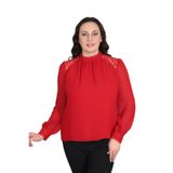missrose Kadın Büyük Beden Jessica Kumaş Sifon Kol Dantel Manşet Uzun Kol Bluz KIRMIZI 44