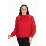 missrose Kadın Büyük Beden Jessica Kumaş Sifon Kol Dantel Manşet Uzun Kol Bluz KIRMIZI 48