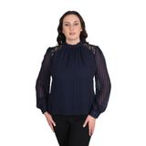 missrose Kadın Büyük Beden Jessica Kumaş Sifon Kol Dantel Manşet Uzun Kol Bluz LACİVERT 48
