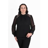 missrose Kadın Büyük Beden Jessica Kumaş Sifon Kol Dantel Manşet Uzun Kol Bluz SİYAH 50