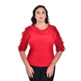 missrose Kadın Büyük Beden Sandy Kumaş Dantel Detaylı Broşlu Bluz KIRMIZI 48