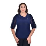 missrose Kadın Büyük Beden Sandy Kumaş Dantel Detaylı Broşlu Bluz LACİVERT 48