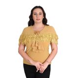 missrose Kadın Büyük Beden Sandy Kumaş Dantel Detaylı Geniş Yaka Bluz HARDAL 48