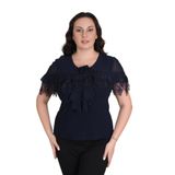 missrose Kadın Büyük Beden Sandy Kumaş Dantel Detaylı Geniş Yaka Bluz LACİVERT 50