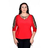 missrose Kadın Büyük Beden Sandy Kumaş Kollar Dantel Yaka Biyeli Kruvaze Bluz KIRMIZI 48