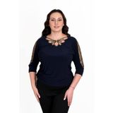 missrose Kadın Büyük Beden Sandy Kumaş Kollar Dantel Yaka Biyeli Kruvaze Bluz LACİVERT 44