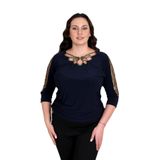 missrose Kadın Büyük Beden Sandy Kumaş Kollar Dantel Yaka Biyeli Kruvaze Bluz LACİVERT 46