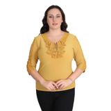 missrose Kadın Büyük Beden Sandy Kumaş Kollar Dantel Yaka Fullar ve İnci Detaylı Bluz HARDAL 48