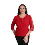 missrose Kadın Büyük Beden Sandy Kumaş Kollar Dantel Yaka Fullar ve İnci Detaylı Bluz KIRMIZI 46