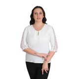 missrose Kadın Büyük Beden Sandy Kumaş Kollar Dantel Yaka Fullar ve İnci Detaylı Bluz KREM 48