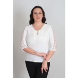 missrose Kadın Büyük Beden Sandy Kumaş Kollar Dantel Yaka Fullar ve İnci Detaylı Bluz KREM 50
