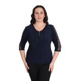 missrose Kadın Büyük Beden Sandy Kumaş Kollar Dantel Yaka Fullar ve İnci Detaylı Bluz LACİVERT 46