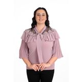 missrose Kadın Büyük Beden Sandy Kumaş Kollar Piliseli Fular Detaylı Bluz PUDRA 44