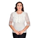 missrose Kadın Büyük Beden Sandy Kumaş Kollar Şifon Piliseli ve Dantteli Yaka İncili Taşlı Bluz BEYAZ 48