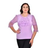 missrose Kadın Büyük Beden Sandy Kumaş Kollar Şifon Piliseli ve Dantteli Yaka İncili Taşlı Bluz FUŞYA 48