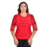 missrose Kadın Büyük Beden Sandy Kumaş Kollar Şifon Piliseli ve Dantteli Yaka İncili Taşlı Bluz KIRMIZI 48