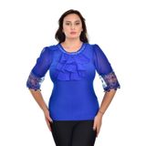 missrose Kadın Büyük Beden Sandy Kumaş Kollar Şifon Piliseli ve Dantteli Yaka İncili Taşlı Bluz MAVİ 50