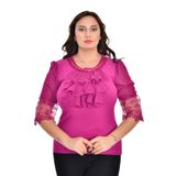 missrose Kadın Büyük Beden Sandy Kumaş Kollar Şifon Piliseli ve Dantteli Yaka İncili Taşlı Bluz MOR 46