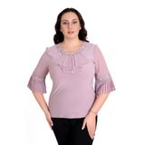 missrose Kadın Büyük Beden Sandy Kumaş Kollar Şifon Piliseli Yaka Dantel ve Broş Bluz PUDRA 44