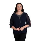 missrose Kadın Büyük Beden Sandy Kumaş Kollar Şifon Yaka Taş Detay Bluz LACİVERT 50