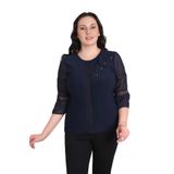 missrose Kadın Büyük Beden Sandy Kumaş Ön ve Yaka Dantelli Detaylı Bluz LACİVERT 46