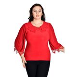 missrose Kadın Büyük Beden Sandy Kumaş Önyaka Dantelli Broşlü Bluz KIRMIZI 46