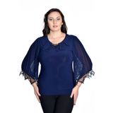 missrose Kadın Büyük Beden Sandy Kumaş Önyaka Dantelli Broşlü Bluz LACİVERT 44