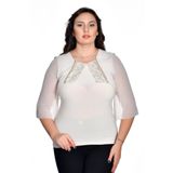 missrose Kadın Büyük Beden Sandy Kumaş Pullu İncili Dantel Kollar Şifon Bluz BEJ 48