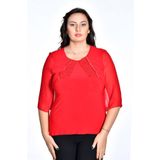 missrose Kadın Büyük Beden Sandy Kumaş Pullu İncili Dantel Kollar Şifon Bluz KIRMIZI 50