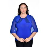 missrose Kadın Büyük Beden Sandy Kumaş Pullu İncili Dantel Kollar Şifon Bluz MAVİ 48
