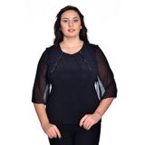 missrose Kadın Büyük Beden Sandy Kumaş Pullu İncili Dantel Kollar Şifon Bluz SİYAH 48